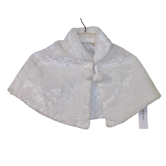 SK Studio Girls White Faux Fur Cape Shawl Bolero with Pom Poms Size M 8/10 NWT - Picture 4 of 8